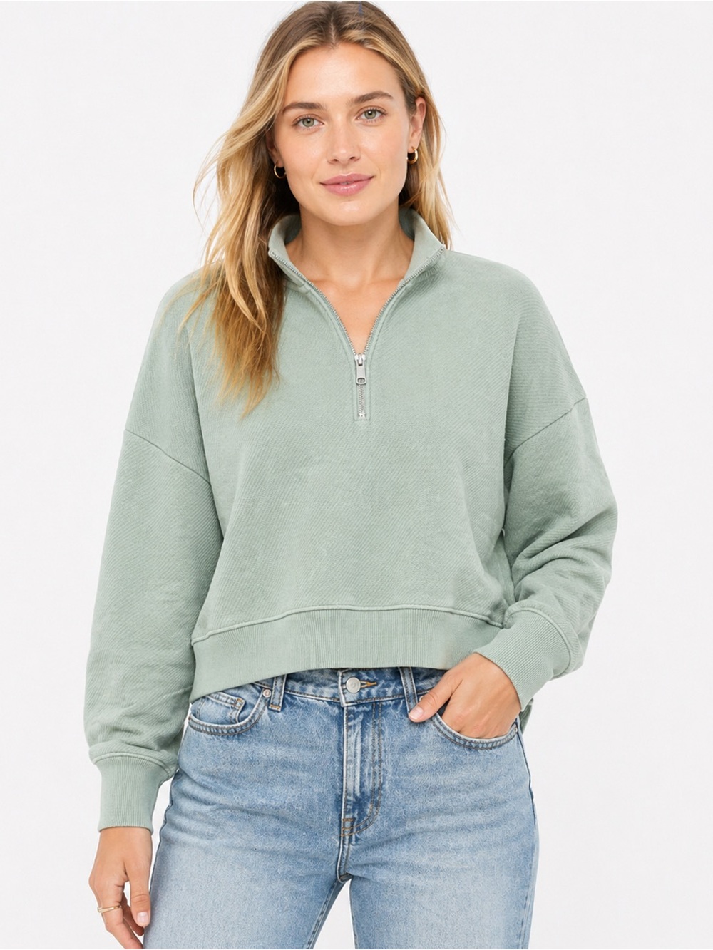 Madwell MWL Mint Green Airyterry Quarter-Zip Crop Sweatshirt- S